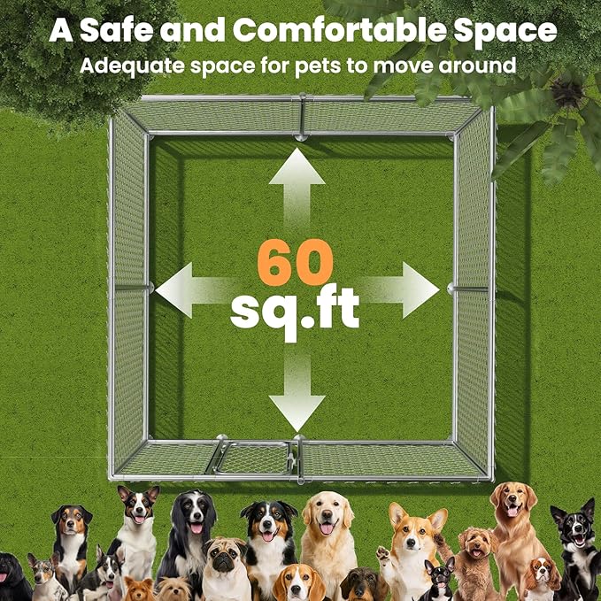 7.8' x 7.8' Heavy-Duty Outdoor Dog Kennel with Waterproof Cover, UV-Resistant Roof, Secure Locking Mechanism for Large Dogs, Metal Enclosure for All Weather Conditions(90x90x63IN)