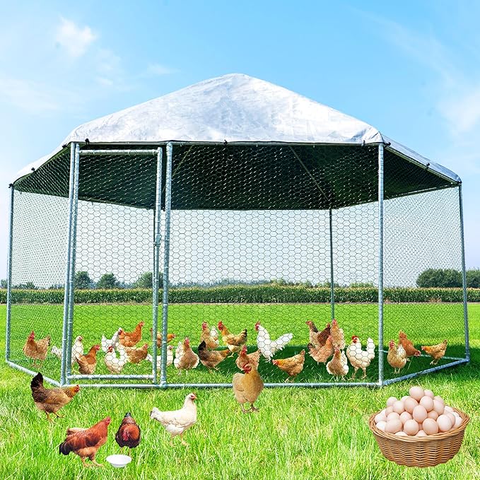 Large Chicken Coop Metal Chicken Runs for Yard with Cover Outdoor Hexagonal Chicken Coop Pet Pens Poultry Cage Duck Rabbit House Backyard Use