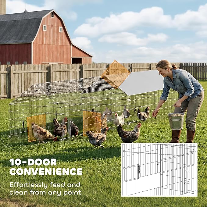 PawHut Metal Chicken Coop, Large Chicken Run with Water-Resistant & Anti-UV Cover for 7-9 Hens, Outdoor Hen House Rabbit Hutch with 10 Doors for Duck, Small Animal, for Backyard, 21' x 3.5' x 3.6'