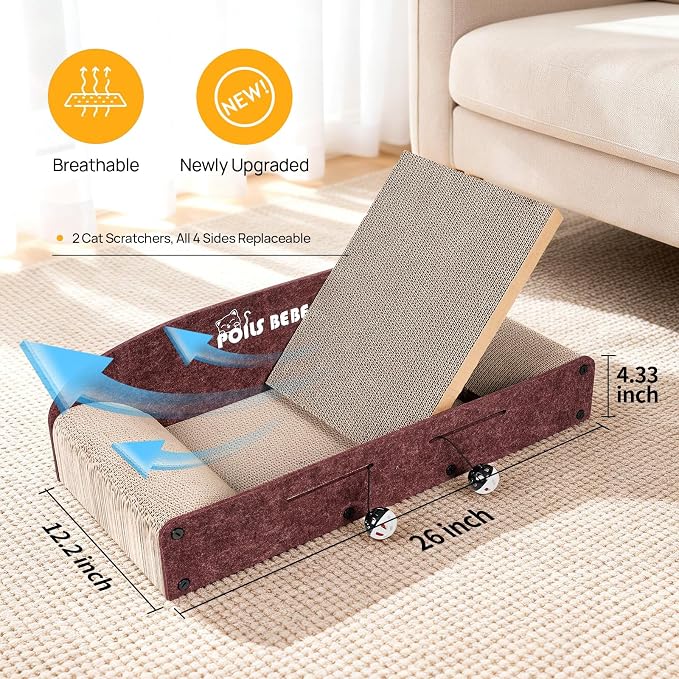 Poils Bebe 26 Inch Sofa Cat Scratcher, Small Cat Scratcher Cardboard with Bell Balls, Durable Couch Lounger for Indoor Cats, Cat Scratch Furniture Protector with Catnip, Cat Toys - Image 3