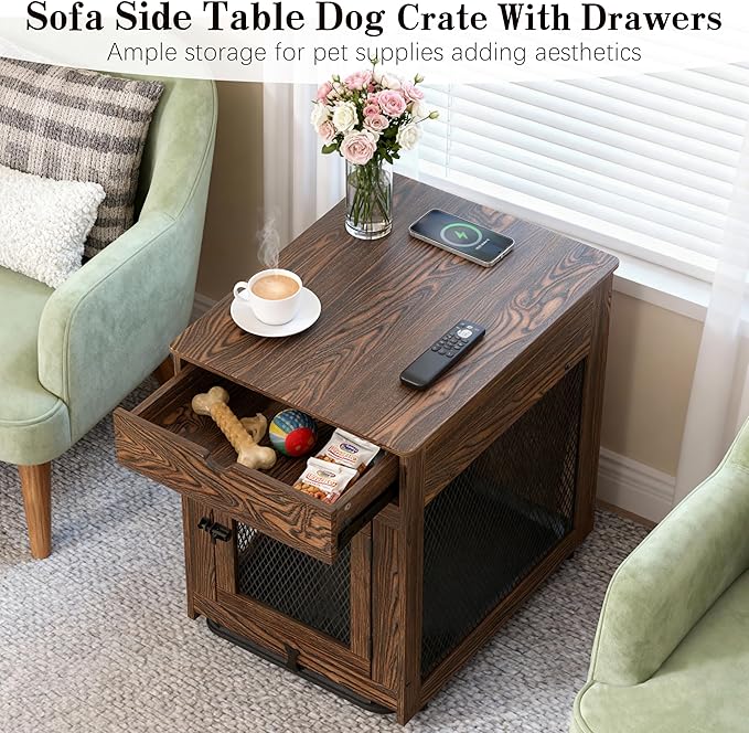 Piskyet Dog Crate Furniture,Wooden Dog Crate End Table with Storage Drawer&Cushion&Tray, QC3.0 Wireless Charging,Dual USB,Small Dogs Rustic Style