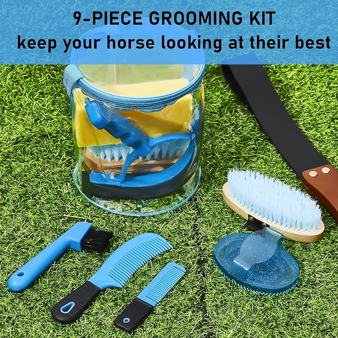 Cunhill 9 Pcs Horse Grooming Kit Tack Room Supplies Set with Tote Bag, Oval Massage Curry, Hard and Soft Brush, Hoof Pick, Sweat Scraper, Bathing Sponge, Comb for Horse Rider(Cute,Blue)