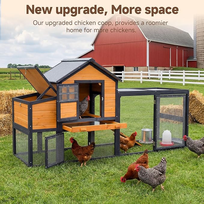 Large Chicken Coop Outdoor Durable Duck House Poultry Pet Hutch & 2 Wood Eggs Run Cage Nesting Box Waterproof Asphalt Roof Ramp Removable Tray Wire Fence for Backyard Small Animal 79" Orange
