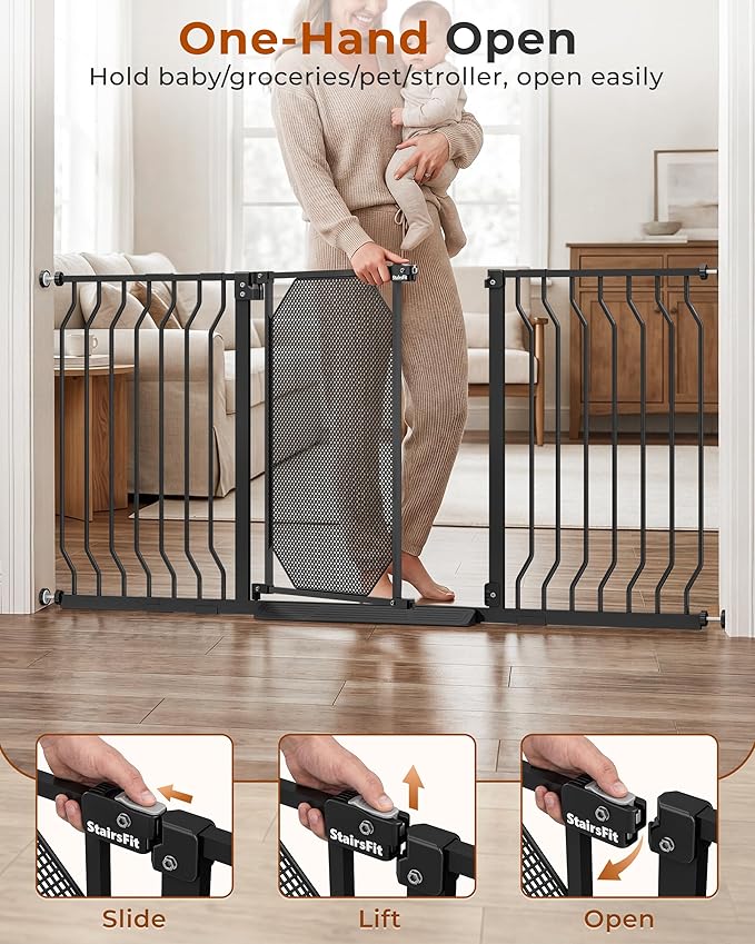 29.5-61.5" Extra Wide Baby Gate for Stairs, Child & Pet Proof, No-Drill Pressure Mount Auto Close One-Hand Operation, Indoor Dog Gate for Doorways, 7 Adjustable Sizes, 30.5" Tall, Black