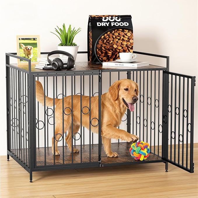 48 Inch XL Dog Crate Furniture for Extra Large Dogs, Heavy Duty Wooden Dog Kennel Table with Storage Shelf, Unique Modern Round Decorative Pet Crate End Table, Sturdy Indoor Dog House