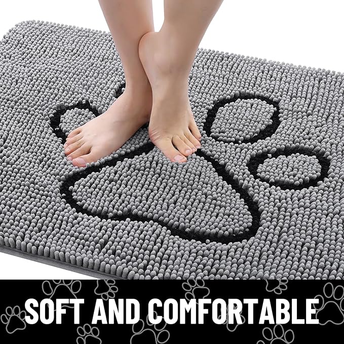 Smiry Dog Door Mat for Muddy Paws, Absorbent Dirt Trapper Non Slip Quick Dry Washable Chenille Mat for Mud Dogs, Entry Rug for Indoor and Outdoor (44x24 Inches, Grey and Black)