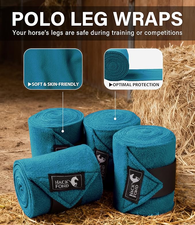 Fleece Horse Polo Leg Wraps Set of 4, 10' Horse Leg Bandages Stable Supplies Equestrian Boots Peacock Blue