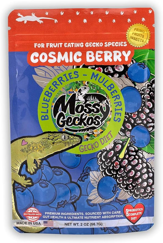 Complete Gecko Diet for Fruit and Insect Eating Geckos, 2 oz & 16 oz, with Human-Grade Dried Fruit, Probiotics and Vitamins (2 oz, Cosmic Berry - Blueberry, Mulberry & Banana)