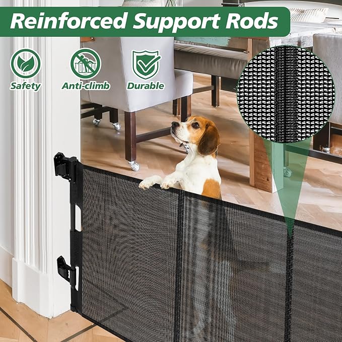 24" Tall X 120" Extra Wide Retractable Baby Gates, Short Dog Gates to Step Over, Reinforced Long Mesh Pet Gate with Support Rods, Small Puppy Gates for The House, Black