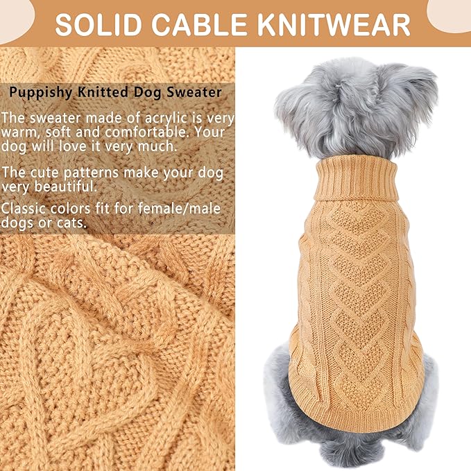 Dog Sweaters Small Dog Clothes for Winter Solid Knitted Puppy Sweater Warm Pet Cat Sweater Doggy Pullover Outfit with Heart-Shape Design(Light Brown, Medium)