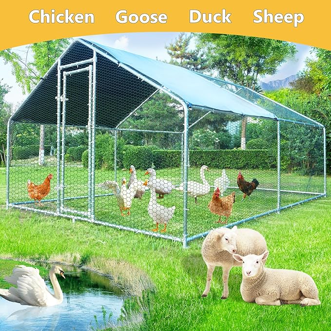 Large Chicken Coop Metal Chicken Runs for Yard with Cover Outdoor Pet Pens Poultry Cage Duck Rabbit House Backyard Use