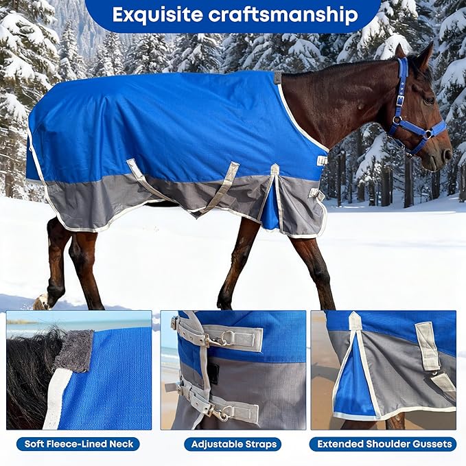 Horse Blanket for Winter, Waterproof, 1200D, 220g (Blue/Gray, 78 in)