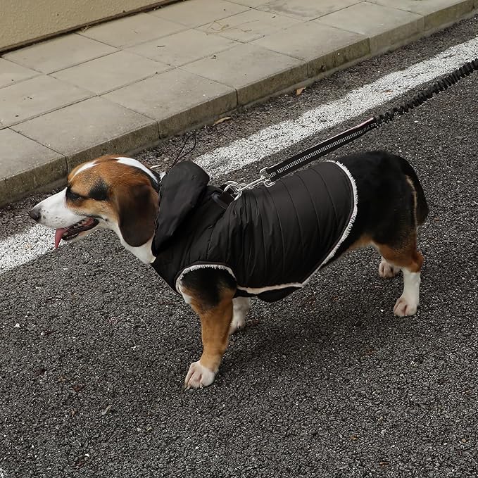 Vecomfy Fleece Lining Dog Hoodie with Harness Built in,Extra Warm Large Dog Jacket in Winter Doggie Coats with Drawstring Hooded,Black XXL