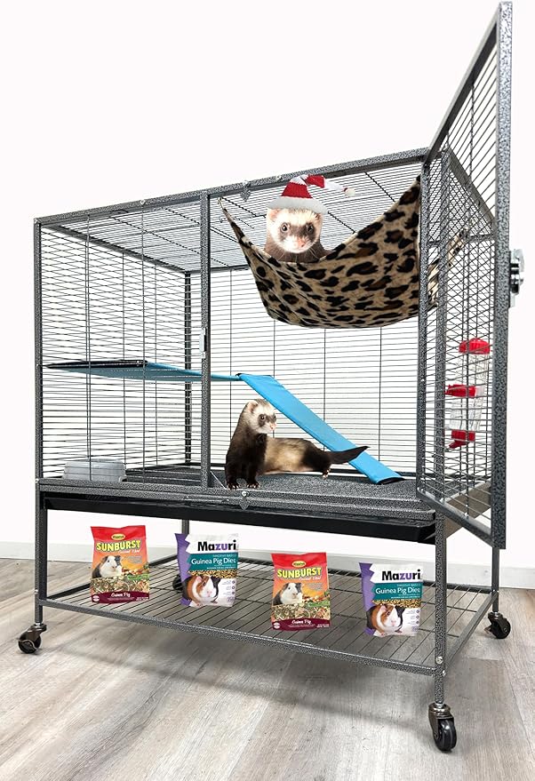 Huge 37" L x 24" W x 39" H Two Tiers Tight 1/2-Inch Bar Spacing Large Front Doors for Feisty Ferret Hammock Chinchilla Rat Mouse Hamster Gerbil Small Animals Critters Rolling Cage