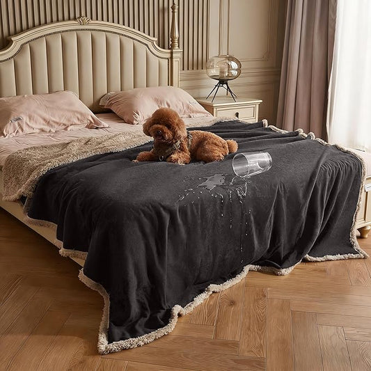 Kritter Planet Waterproof Pet Blanket for Bed, Reversible Sherpa Fleece Protector Couch Sofa Cover, Liquid Proof Furniture Protector for Medium Large Dogs