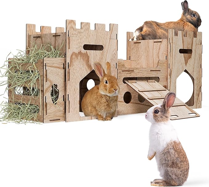 HIIMALEX Extra Large Wooden Bunny Castle House Multistory Climbing Tower Hideout Ventilated Sturdy Habitat for Rabbit Guinea Pig Chinchilla Ferret