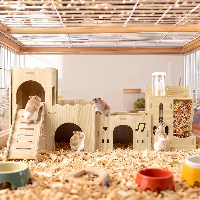 Hamster Hideout House, Multi-Chamber Hamster Castle with Water Bottle, Large Wooden Mouse Playground with Climbing Ladder, Habitat for Syrian Dwarf Gerbils Mice and Small Pets