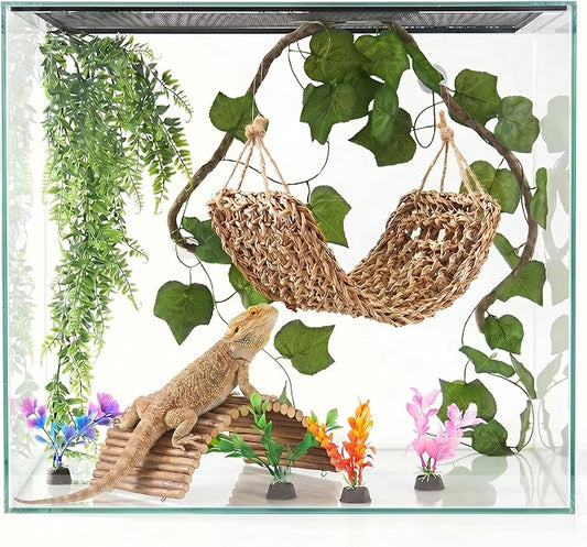 Bearded Dragon Tank Accessories, Reptile Mat Hammock Plants Bridge Jungle Climber Vines Terrarium Decorations for Leopard Gecko, Hermit Crab Lizard Snake (9 PCS Without Reptile Mat)