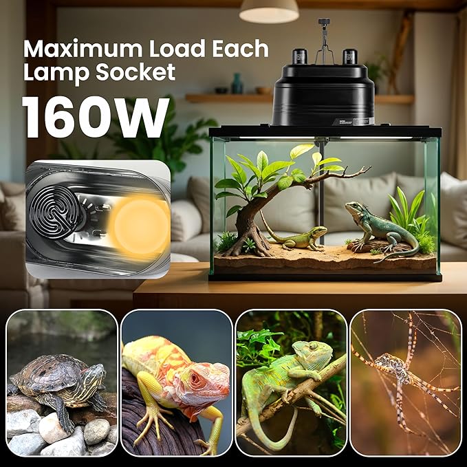 Simple Deluxe Dual Dome Reptile Light Fixture with Separate Switches, Fits Max 160W Reptile Heat Lamp/UVB Light, for Amphibians Terrarium and Tortoise Habitat