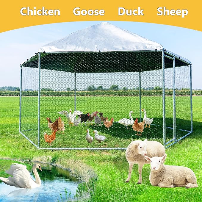 Large Chicken Coop Metal Chicken Runs for Yard with Cover Outdoor Hexagonal Chicken Coop Pet Pens Poultry Cage Duck Rabbit House Backyard Use