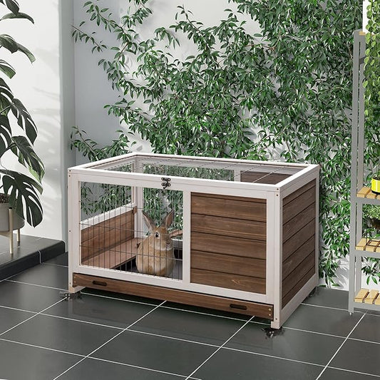 Rabbit Hutch with Wheels, Portable Indoor Outdoor Bunny Cage, Wooden Small Animal House with Removable Tray, Ramp & Side Door for Rabbits, Turtle, Guinea Pigs, Chinchillas- Brown