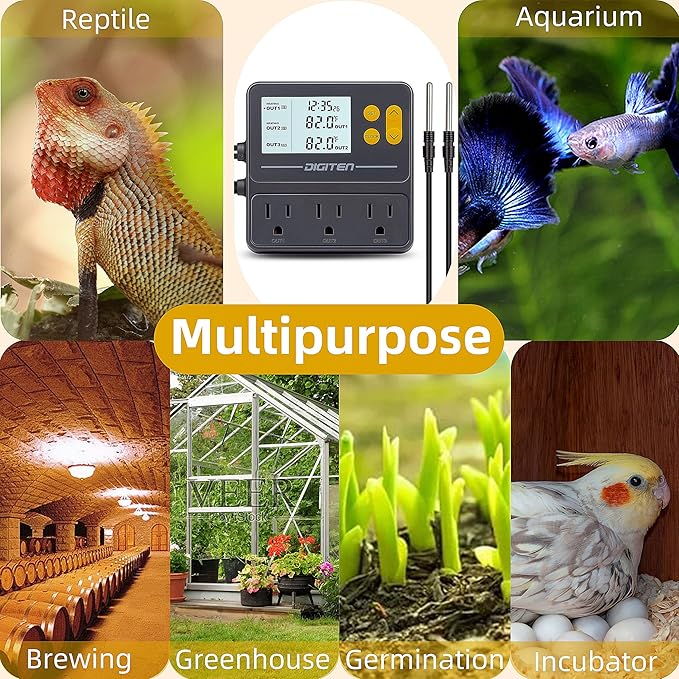 Reptile Temperature Controller, 3 Outlet Timer Thermostat for Grow Tent, Incubation, Snakes, Fish Tank, Heater, humidifiers, Ball Pythons, Bearded Dragon Tank