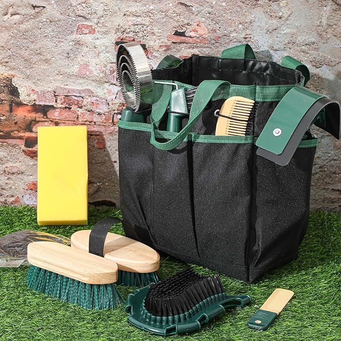 Abbylike 12 Pieces Horse Grooming Kit with Organizer Tote Bag Tack Room Supplies Horse Brush Sets Equine Care Cleaning Kit Shedding Grooming Massaging Tools (Khaki and Green)