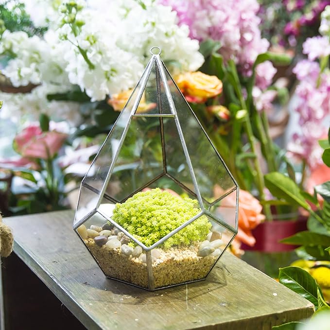 NCYP Silver Hanging Glass Geometric Terrarium, 6.8 x 6.8 x 8.6 Inches Teardrops Shape Display Planter for Succulent Air Plants, Indoor Decor Flower Holder, Handmade (NO Plants)