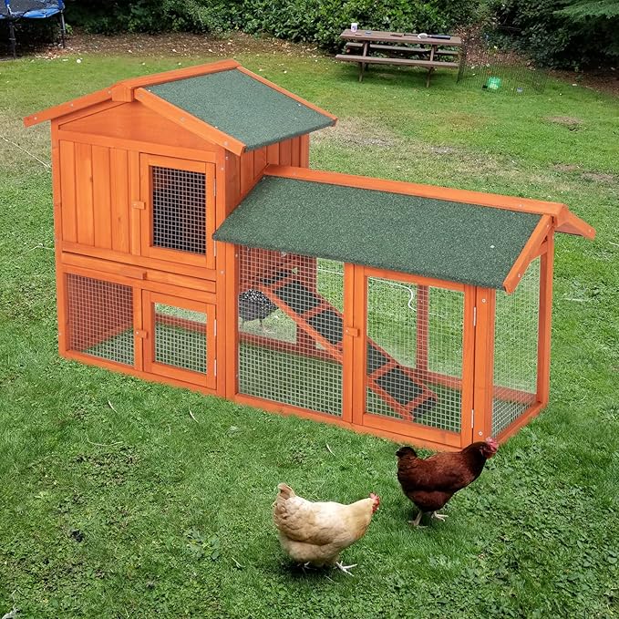 61” Large Rabbit Hutch with Outdoor Run, 2 Layer A-Frame Bunny Cage for Garden, Wooden Small Animal House with Removable Tray & Waterproof Roof