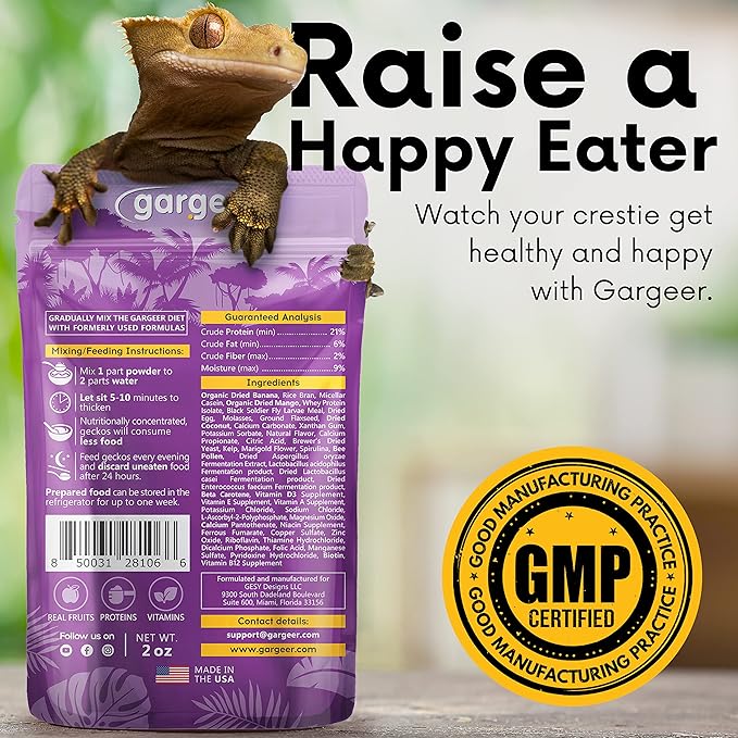 Gargeer 2oz Complete Crested Gecko Food Diet. Premium Mix, Ready to Use Freshly Made Powder. Unique Formula, Developed & Made in the USA. Enjoy! (Tropical + Insects Protein)
