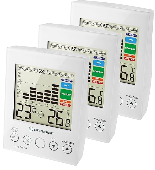 Bresser 7007412 Hygrometer and Thermometer with Room Humidity Monitoring and Mould Alarm, Set of 3, White, 8.5 x 3.5 x 11 cm