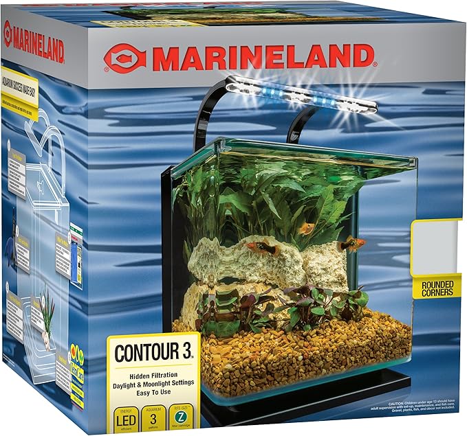 Marineland Contour 3 Aquarium Kit 3 Gallons, Rounded Glass Corners, Includes LED Lighting