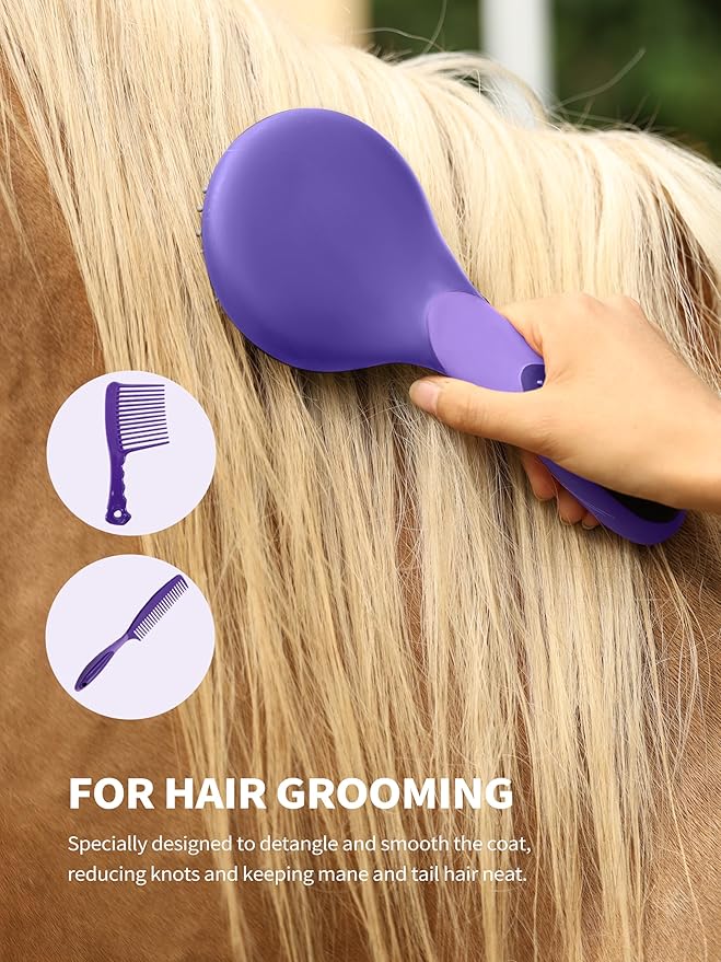 Harrison Howard Horse Grooming Kit, 9-Piece Complete Grooming Tools Set with Non-Slip Silicone Grip for Daily Horse Care, Bathing & Shedding Purple
