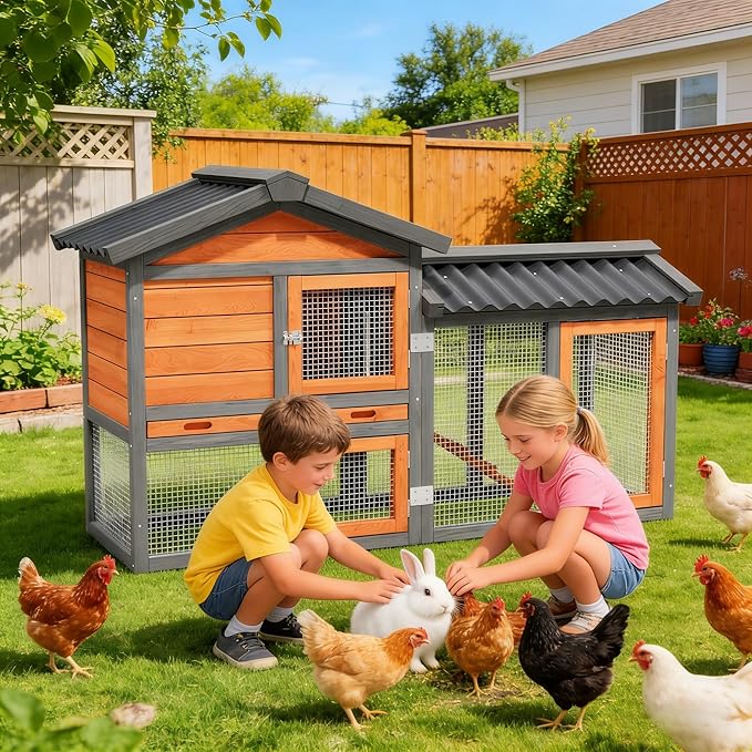 Chicken Run Coop, Wooden Duck Coop Outdoor 2-Tier Hen House All Weather Used Poultry Quail Cage Rabbit Hutch Pet Hideout with Ramp for Small Medium Animals-Expandable Design (Brown)