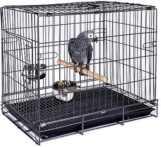 Portable Easy Travel Storage Bird, Parrot, Puppy and Kitten Carrier Travel Vet Chew-Proof Metal Cage with Stand Wooden Perch Stainless Steel Cups