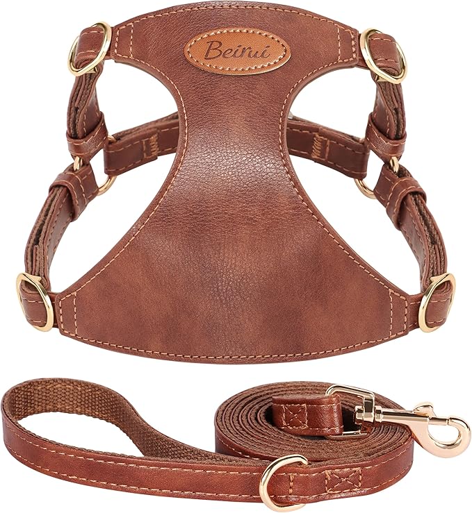 Beirui ‌Stylish PU Leather Dog Harness‌ and Leash Set for Small Dogs, ‌Adjustable Step in Dog Vest Harness with Breathable Mesh Lining and Durable Metal Buckle for Walking Traveling(Brown,M)