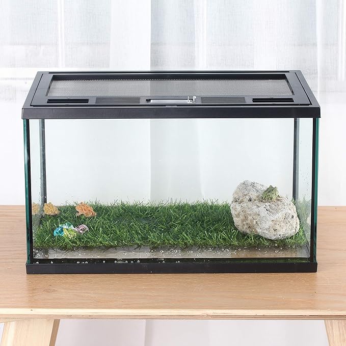 crapelles Frogs Glass Terrarium Feeding kit Tank, 15.7×11×9 inches, for Reptile Amphibians, Insect, Horned Frogs, Waterweed Prairie Style Habitat, with Green Artificial Turf Pad, Natural Volcanic Rock