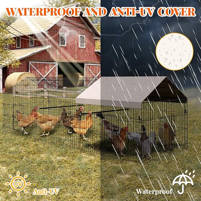 Metal Chicken Coop, Chicken Run for Yard with Cover, Outdoor Metal Chicken Cage with 4 Door and 1 Window for Outside Duck Rabbit Hen, 130"×40"×40"