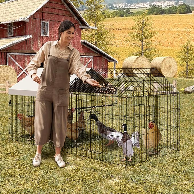 Metal Chicken Coop, Chicken Run for Yard with Cover, Outdoor Metal Chicken Cage with 4 Door and 1 Window for Outside Duck Rabbit Hen, 86"×40"×40"
