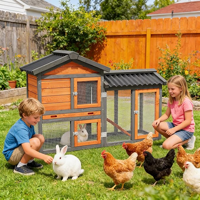 Chicken Run Coop, Wooden Duck Coop Outdoor 2-Tier Hen House All Weather Used Poultry Quail Cage Rabbit Hutch Pet Hideout with Ramp for Small Medium Animals-Expandable Design (Brown)