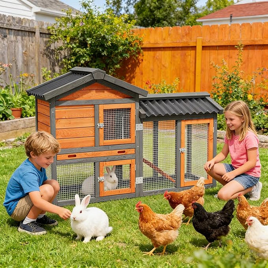 Chicken Run Coop, Wooden Duck Coop Outdoor 2-Tier Hen House All Weather Used Poultry Quail Cage Rabbit Hutch Pet Hideout with Ramp for Small Medium Animals-Expandable Design (Brown)