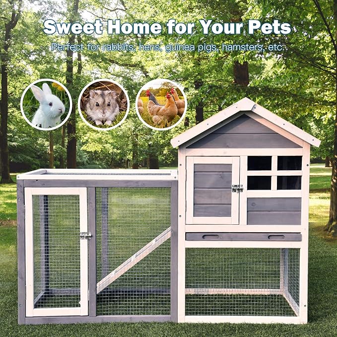 Tangkula Rabbit Hutch, Indoor Outdoor Bunny Cage with Run, Wooden Rabbit Cage with Waterproof Roof & Pull Out Tray, Chicken Coop Pet House for Rabbits, Chicken and Guinea Pigs (Gray)