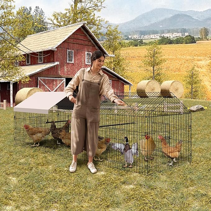 Metal Chicken Coop, Chicken Run for Yard with Cover, Outdoor Metal Chicken Cage with 4 Door and 1 Window for Outside Duck Rabbit Hen, 130"×40"×40"
