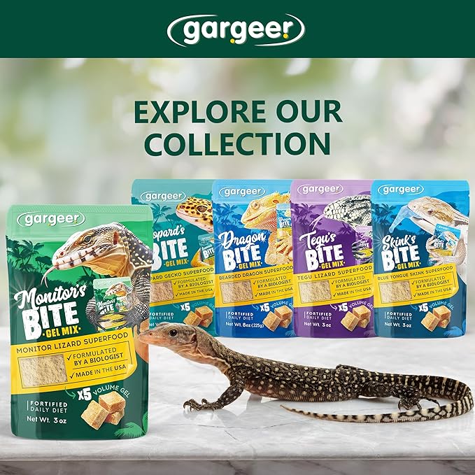 Gargeer 3oz Monitor Lizard Food. Complete Gel Diet for Both Juveniles and Adults. Proudly Made in The USA, Using Premium Ingredients, Fortified Gourmet Formula. Enjoy!