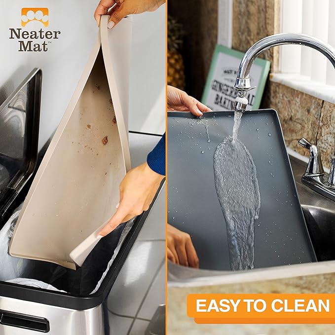 Neater Pet Brands Neater Mat Pet Mats for Food and Water, Cat & Dog Bowl Mat Waterproof Silicone, Feeding Tray, Dog Food Mats for Floors, Placemat w/Raised Edge for Under Bowls, 16” x 10”, Light Gray