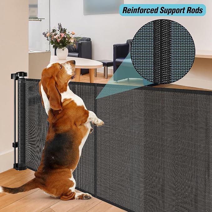 24 Inches Tall Retractable Baby Gates for Doorways, Short Dog Gates to Step Over, Extends up to 55" Wide, Reinforced Mesh Baby Gate for Kids or Pets, Doggie Gates Puppy Gates for The House (Black)