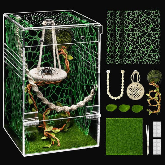 AZV Large Jumping Spider Enclosure Kit,Escape Proof Praying Mantis Habitat,Magnetic Door Arboreal Tarantula Spider Box,Complete Transparent Acrylic Beetle Terrarium,Insect Cage Bug Starter Container