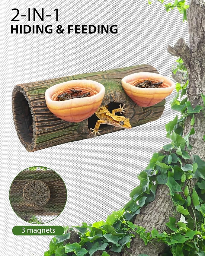 2 in 1 Magnetic Crested Gecko Hide, Reptile Hideout & Water Dish Food Bowl, Resin Hollow Log Cave, Reptile & Amphibian Habitat Hideouts, Aquariums & Terrariums Decor