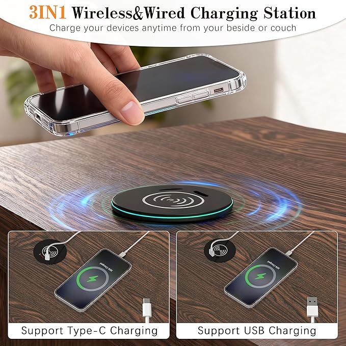 Piskyet Dog Crate Furniture,Wooden Dog Crate End Table with Storage Drawer&Cushion&Tray, QC3.0 Wireless Charging,Dual USB,Small Dogs Rustic Style