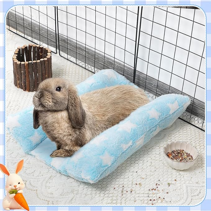MEWTOGO 15.7" x 14" Bunny Bed for Rabbit Cage - Thickened Soft Prevent Sore Hocks Plush Mat with Cotton Lounger Pillows, Small Animal Flop Mat for Hutch Sleeping Indoor, Light Blue-Star